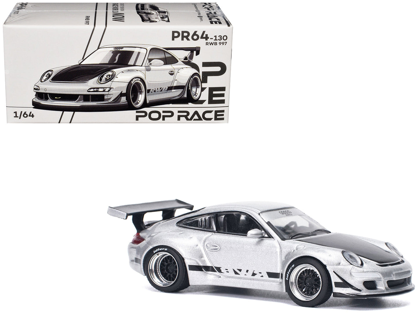 RWB 997 Silver Metallic with Black Stripes and Hood 1/64 Diecast Model Car by Pop Race free shipping USA