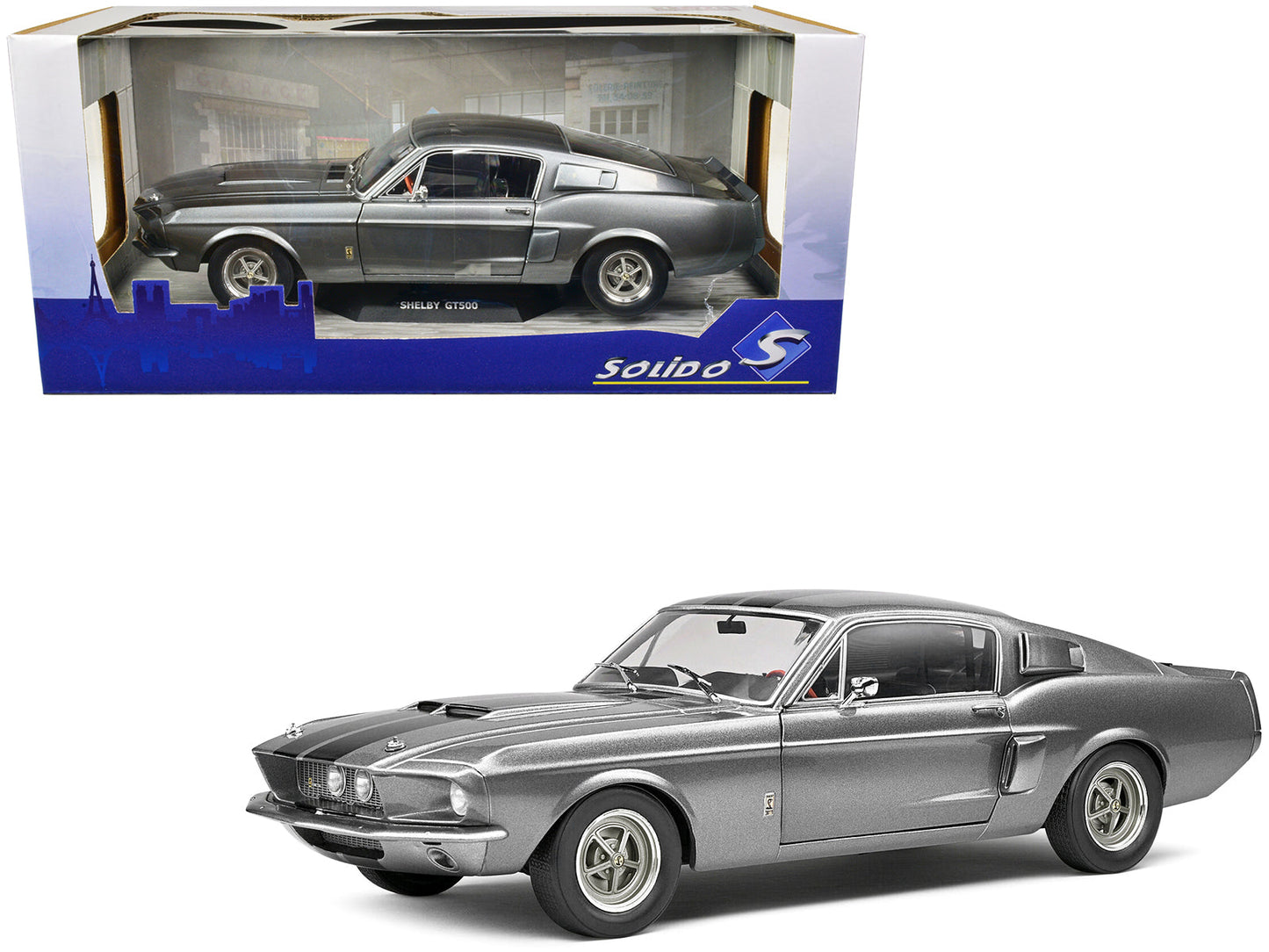 1967 Shelby GT500 Gray Metallic with Black Stripes 1/18 Diecast Model Car by Solido free shipping USA