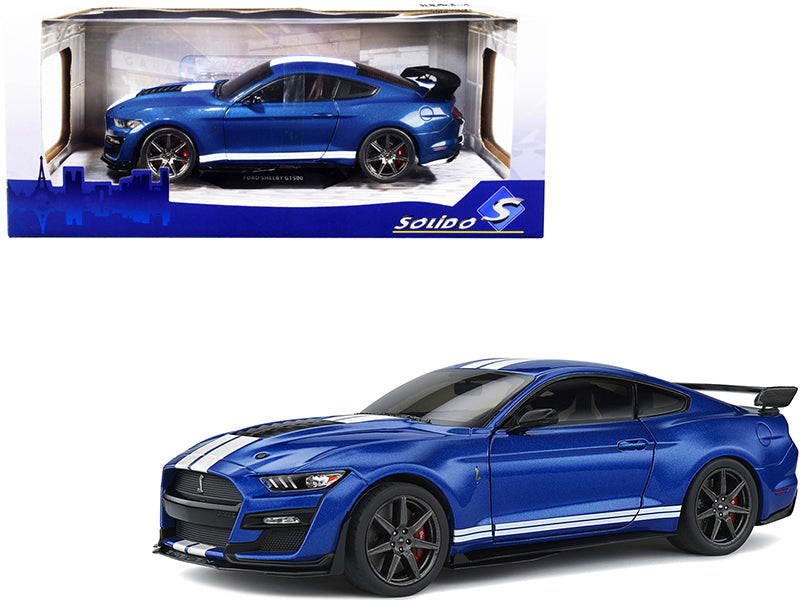 2020 Ford Mustang Shelby GT500 Fast Track Ford Performance Blue Metallic with White Stripes 1/18 Diecast Model Car by Solido free shipping USA