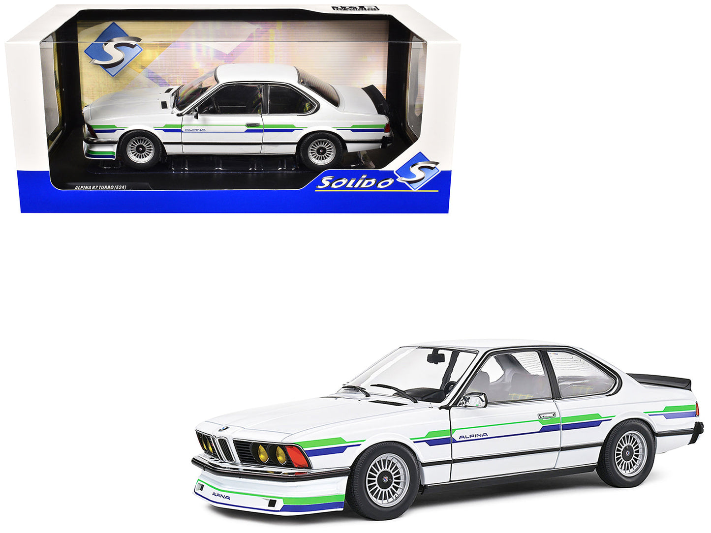 1984 BMW Alpina B7 Turbo (E24) White with Blue and Green Graphics 1/18 Diecast Model Car by Solido free shipping USA