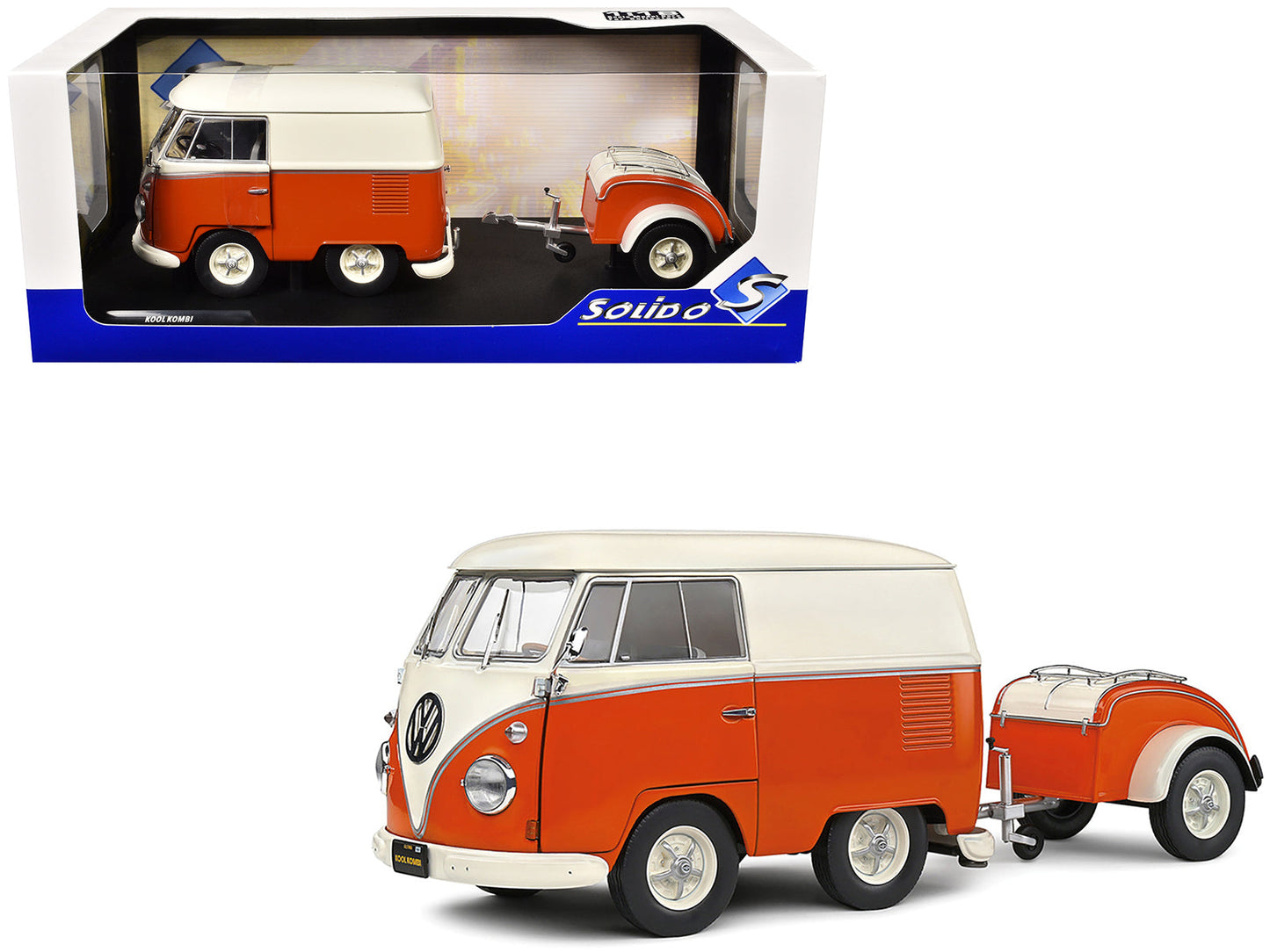 1950 Volkswagen Kool Kombi Van with Trailer Orange and White 1/18 Diecast Model Car by Solido free shipping USA