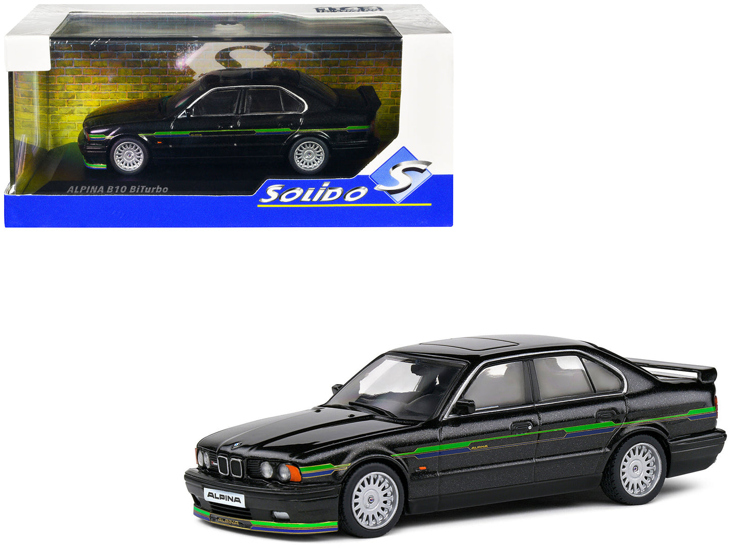 1994 BMW E34 Alpina B10 BiTurbo Black Metallic with Green Graphics 1/43 Diecast Model Car by Solido free shipping USA