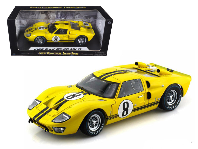 1966 Ford GT-40 MK II #8 Yellow with Black Stripes 1/18 Diecast Model Car by Shelby Collectibles free shipping USA