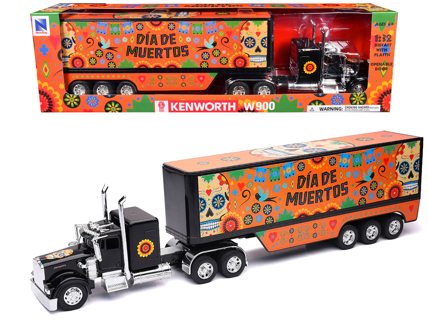 Kenworth W900 Truck Black with Graphics and Dry Van Trailer "Dia De Muertos" 1/32 Diecast Model by New Ray free shipping USA