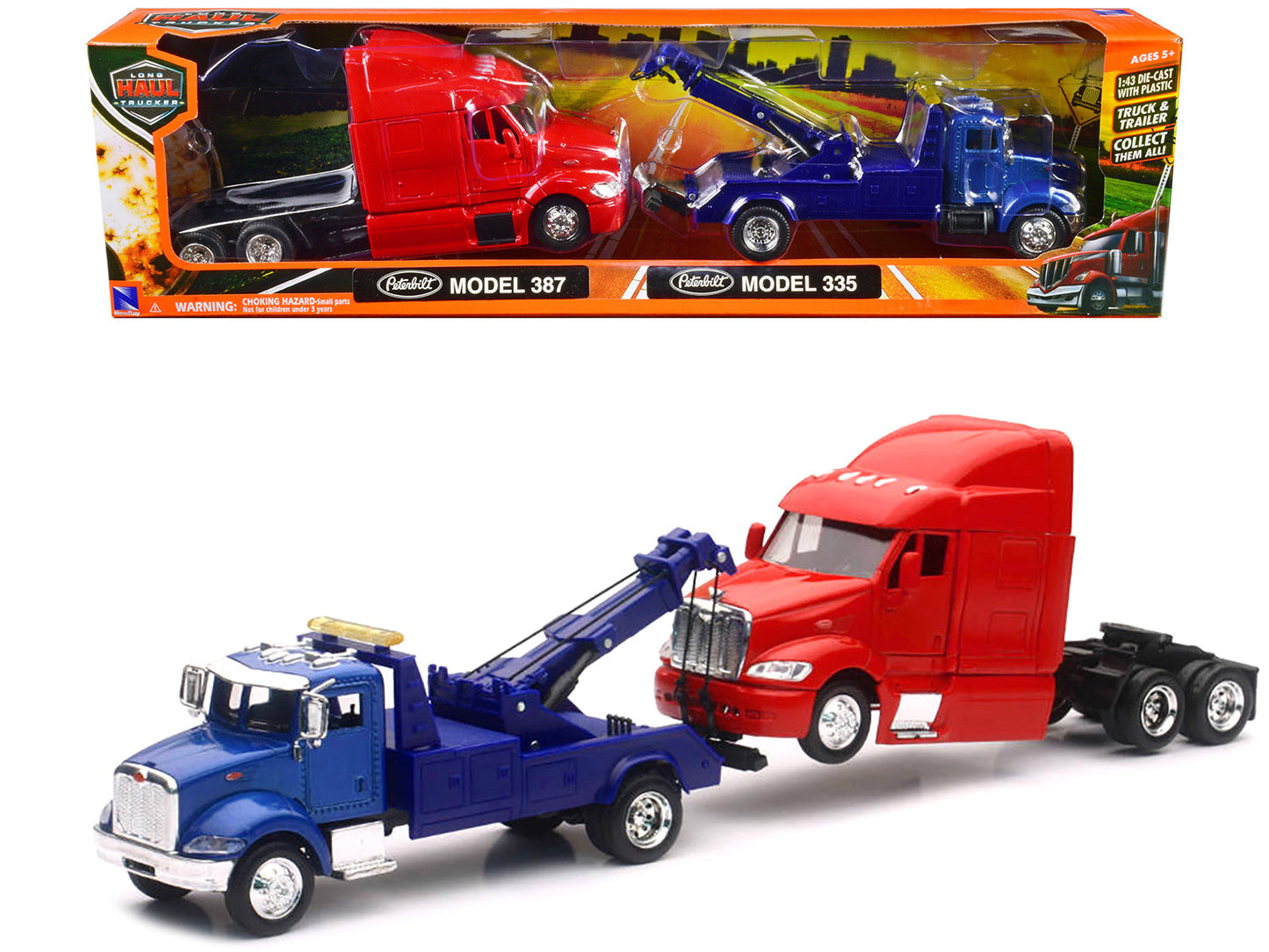 Peterbilt Model 335 Tow Truck Blue and Peterbilt Model 387 Cab Red Set of 2 Pieces 1/43 by New Ray free shipping USA