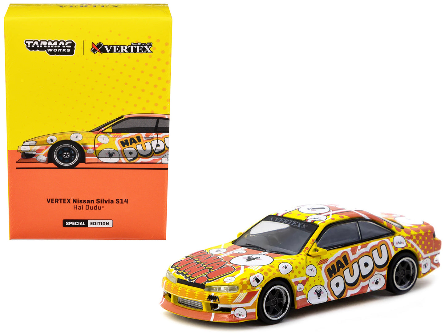 Nissan Silvia (S14) Vertex RHD (Right Hand Drive) "Hai Dudu - IMX Special Edition" Yellow and Orange with Graphics "Global64" Series 1/64 Diecast Model by Tarmac Works free shipping USA