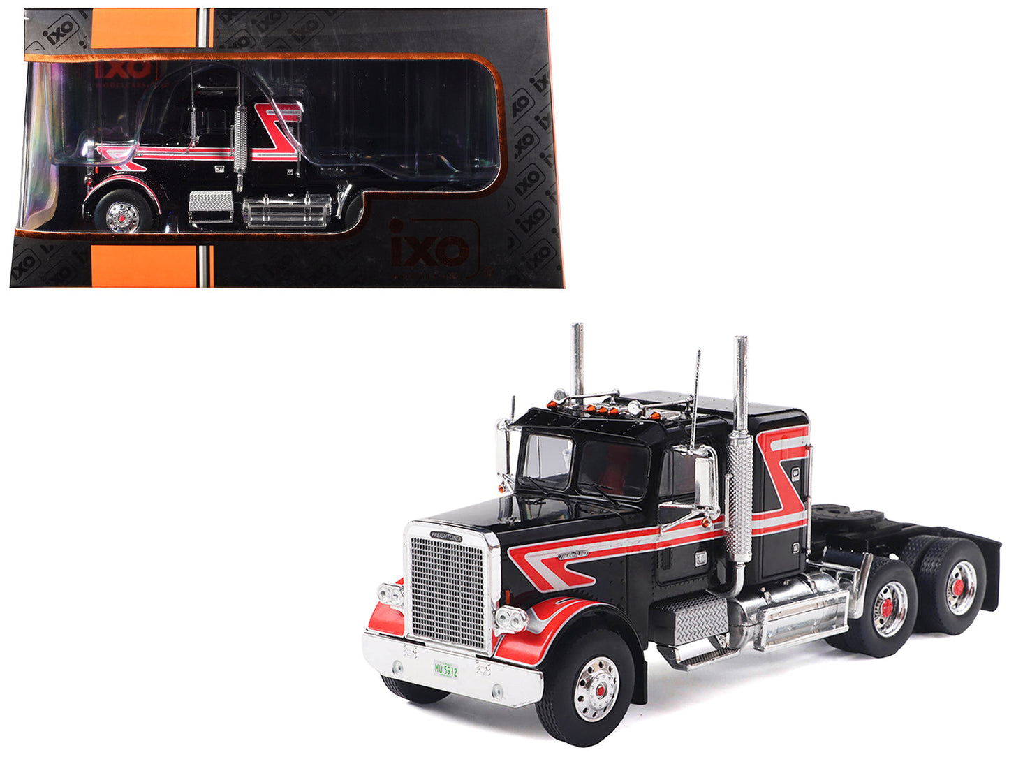 1977 Freightliner FLC 120 64 T Truck Tractor Black with Red and White Stripes 1/43 Diecast Model by IXO Models free shipping USA