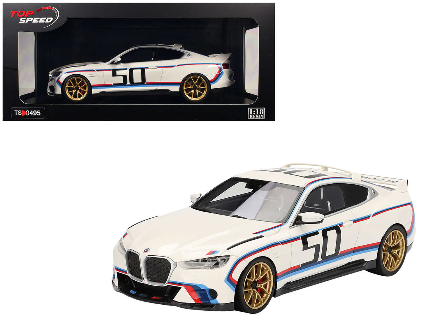 BMW M4 3.0 CSL #50 White with Blue and Red Stripes 1/18 Model Car by Top Speed free shipping USA