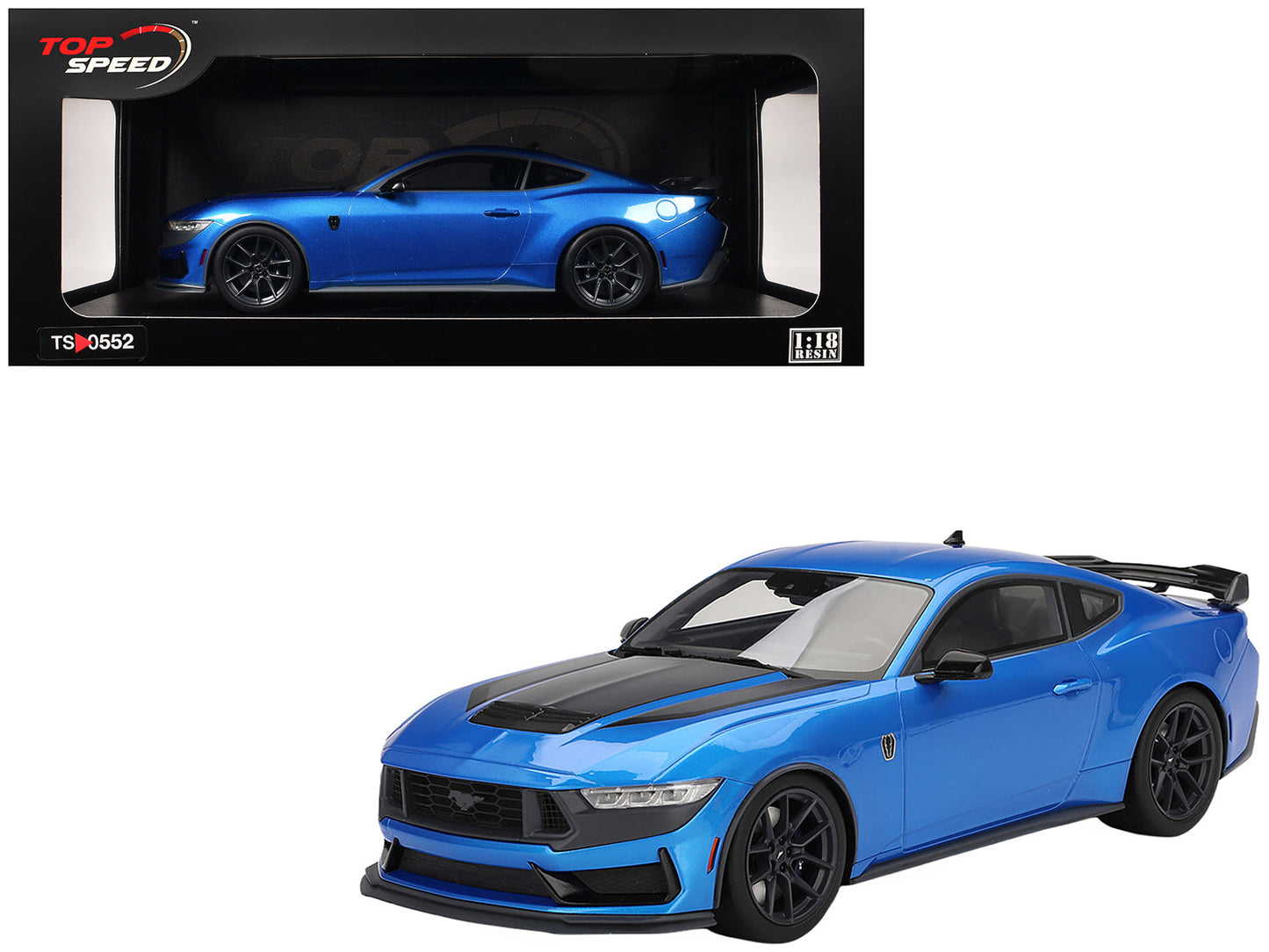 2024 Ford Mustang Dark Horse Grabber Blue Metallic with Black Hood Stripes 1/18 Model Car by Top Speed free shipping USA