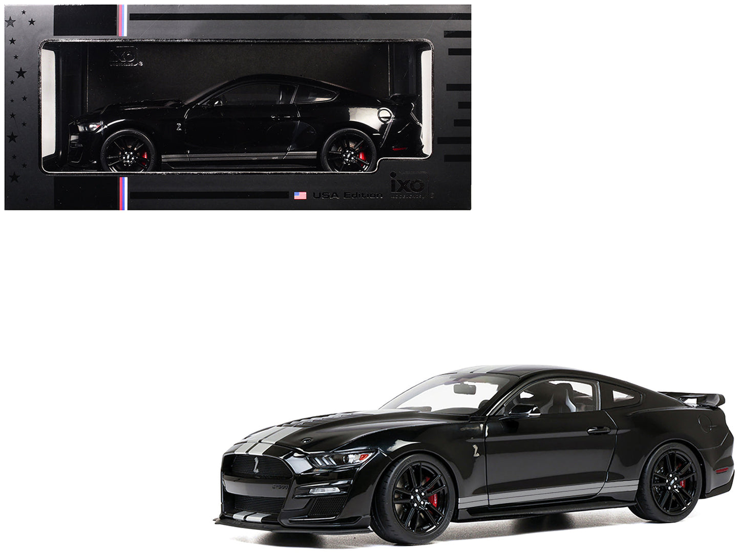 2022 Ford Mustang Shelby GT500 Black with Silver Stripes 1/18 Diecast Model Car by IXO Models free shipping USA