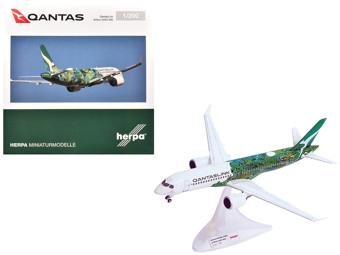 Airbus A220-300 Commercial Aircraft "QantasLink Flying Art Series - Minyma Kutjara Tjukurpa" (VH-X4A) White with Green Graphics 1/200 Diecast Model by Herpa free shipping USA