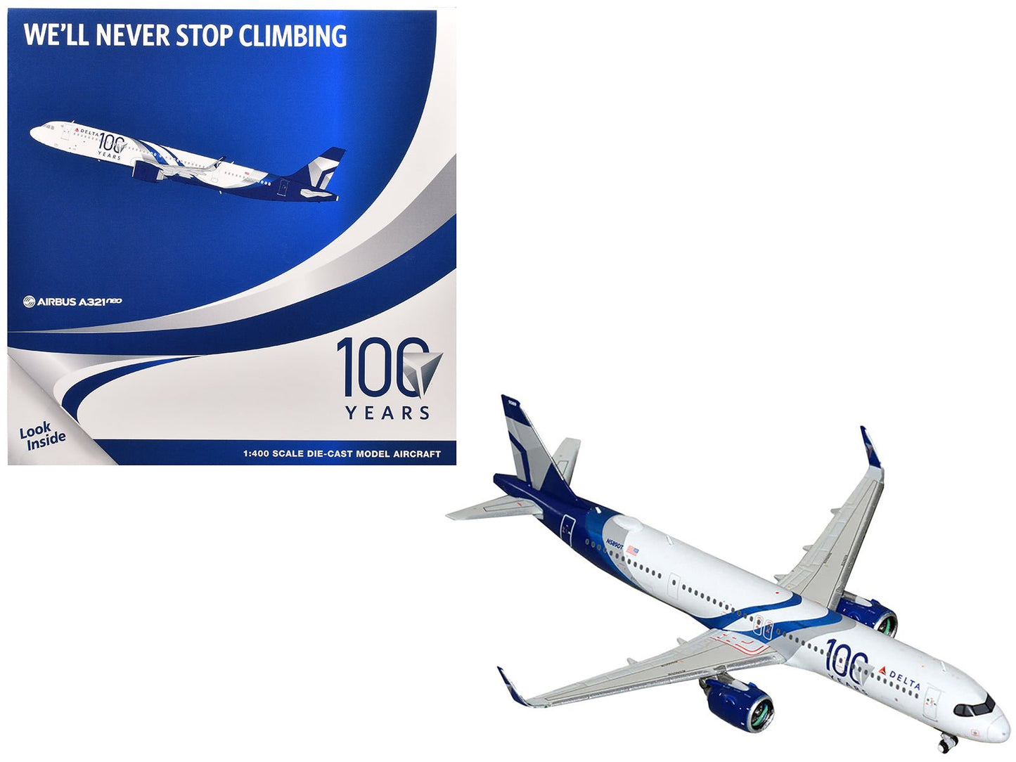 Airbus A321neo Commercial Aircraft "Delta Air Lines 100 Years" (N589DT) White and Blue with Stripes 1/400 Diecast Model Airplane by GeminiJets free shipping USA