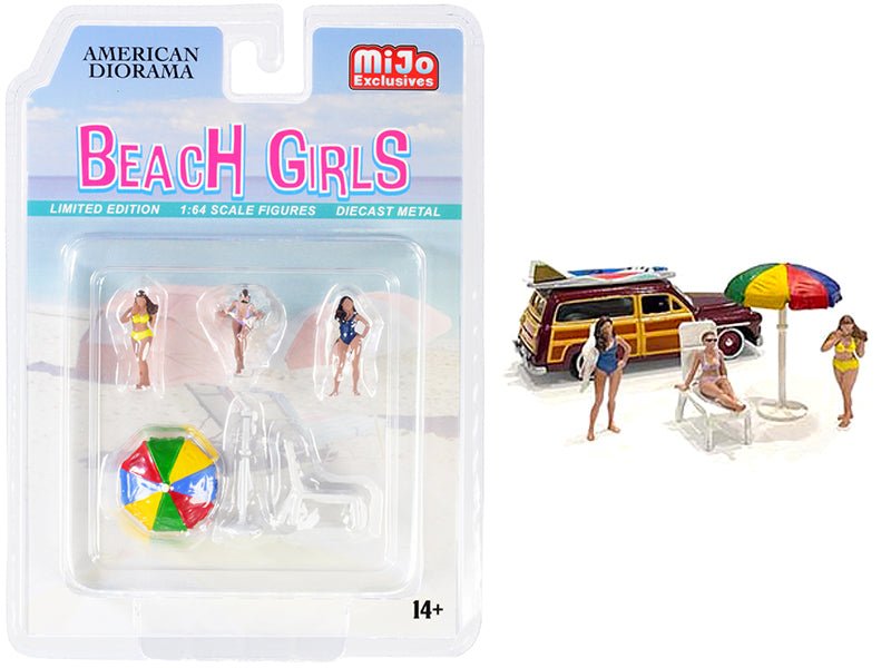 "Beach Girls" 5 piece Diecast Set (3 Figurines 1 Beach Chaise and 1 Beach Umbrella) for 1/64 Scale Models by American Diorama free shipping USA