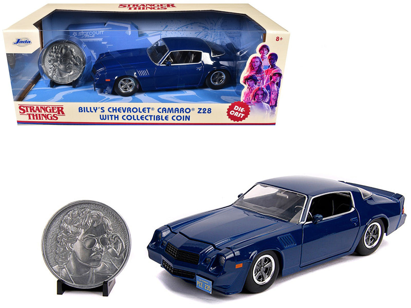 Billy's Chevrolet Camaro Z28 Dark Blue with Collectible Coin "Stranger Things" (2016) TV Series 1/24 Diecast Model Car by Jada free shipping USA