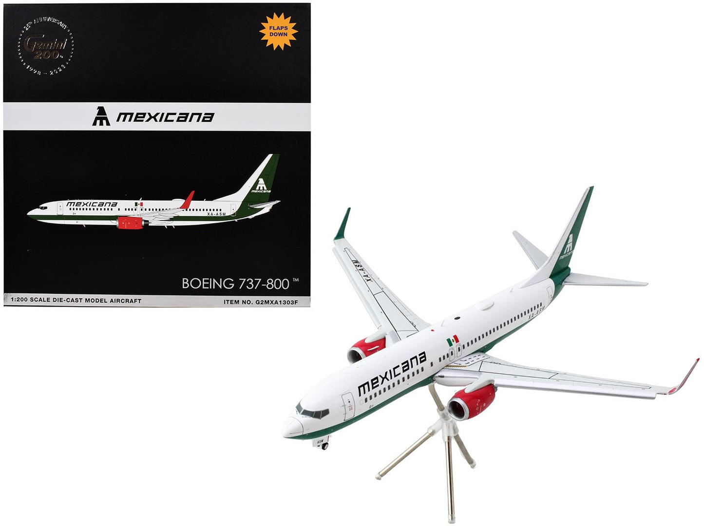 Boeing 737-800 Commercial Aircraft with Flaps Down "Mexicana" (XA-ASM) White with Green Stripes "Gemini 200" Series 1/200 Diecast Model Airplane by GeminiJets free shipping USA
