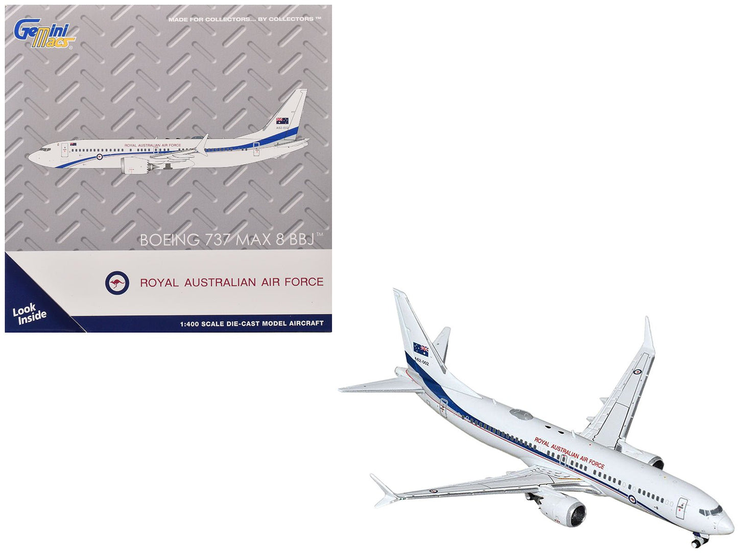 Boeing 737 MAX 8 BBJ Transport Aircraft "Royal Australian Air Force (RAAF)" (A62-002) White with Blue Stripes "Gemini Macs" Series 1/400 Diecast Model Airplane by GeminiJets free shipping USA