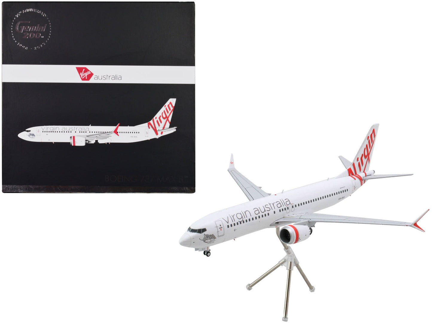 Boeing 737 MAX 8 Commercial Aircraft "Virgin Australia" (VH-8IA) White with Red Tail Graphics "Gemini 200" Series 1/200 Diecast Model Airplane by GeminiJets free shipping USA