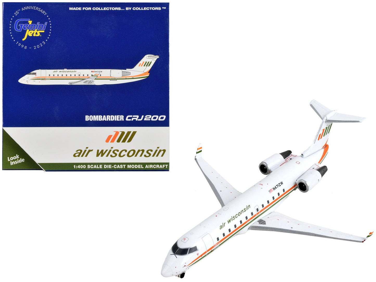 Bombardier CRJ200 Commercial Aircraft "Air Wisconsin" White with Orange and Green Stripes 1/400 Diecast Model Airplane by GeminiJets free shipping USA