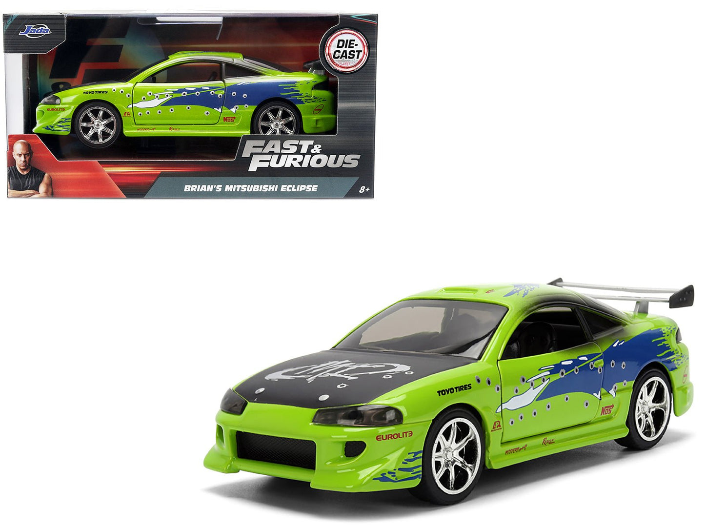 Brian's Mitsubishi Eclipse Green with Graphics (Damaged Version) "The Fast and the Furious" (2001) Movie "Fast & Furious" Series 1/32 Diecast Model Car by Jada free shipping USA