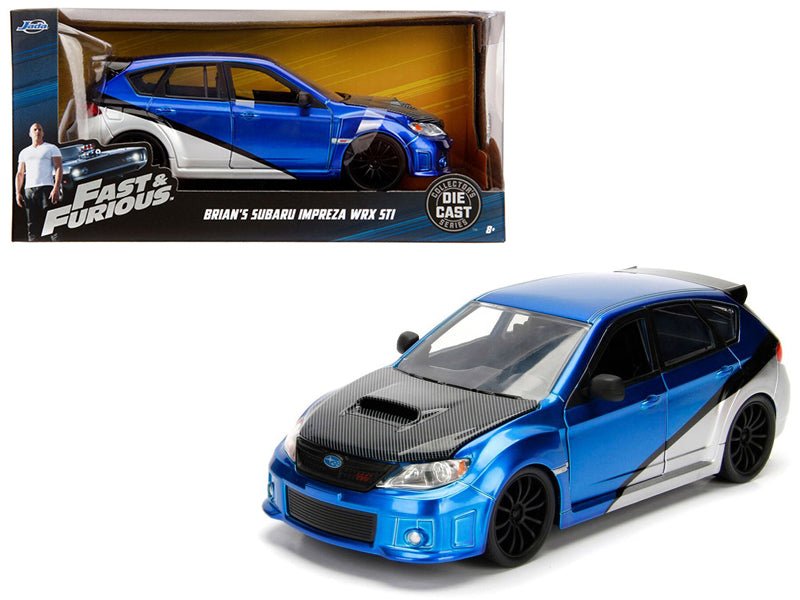 Brian's Subaru Impreza WRX STI Blue and Silver with Carbon Hood "Fast & Furious" Movie 1/24 Diecast Model Car by Jada free shipping USA