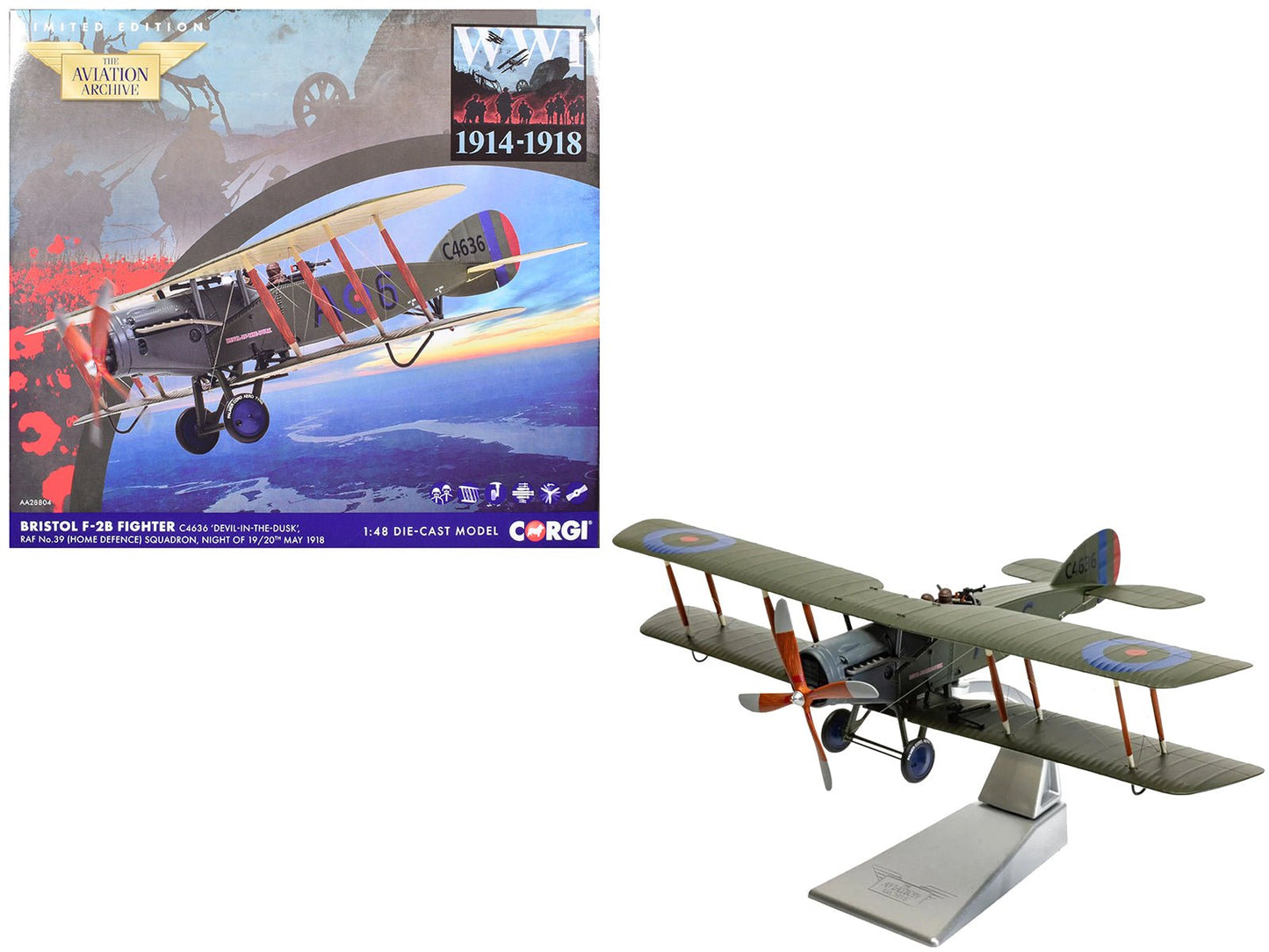 Bristol F-2B Fighter Aircraft "C4636 Devil-in-the-Dusk No. 39 Squadron" (1918) Royal Flying Corps "The Aviation Archive" Series 1/48 Diecast Model by Corgi free shipping USA