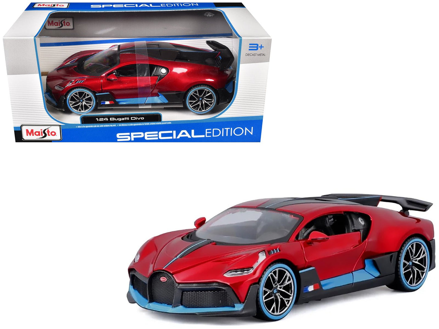 Bugatti Divo Red Metallic with Carbon and Blue Accents "Special Edition" 1/24 Diecast Model Car by Maisto free shipping USA