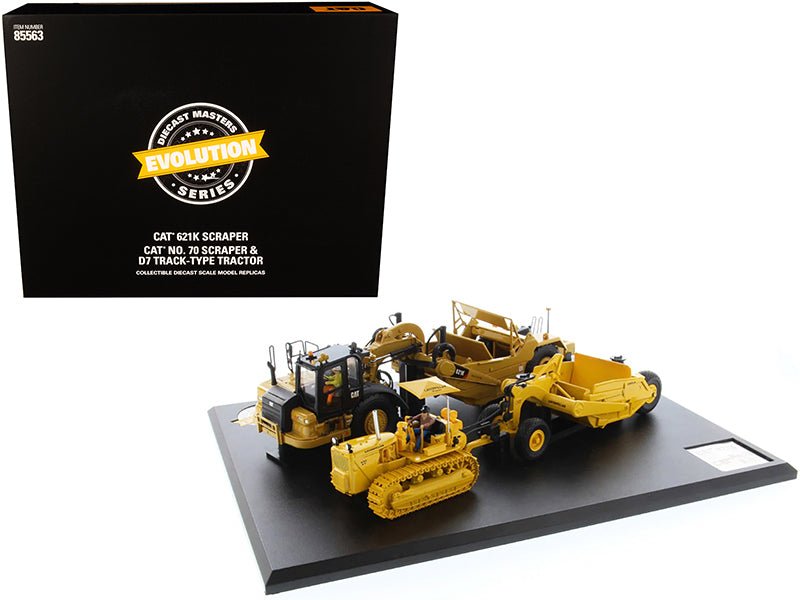 CAT Caterpillar 621K Tractor Scraper and CAT Caterpillar D7 Track-Type Tractor with No. 70 Scraper Set "Evolution Series" 1/50 Diecast Models by Diecast Masters free shipping USA