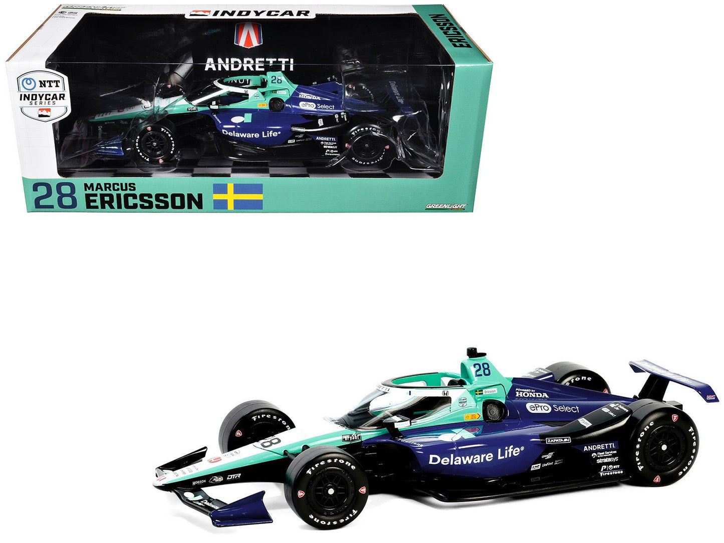 Dallara IndyCar #28 Marcus Ericsson "Delaware Life" Andretti Autosport "NTT IndyCar Series" (2024) 1/18 Diecast Model Car by Greenlight free shipping USA