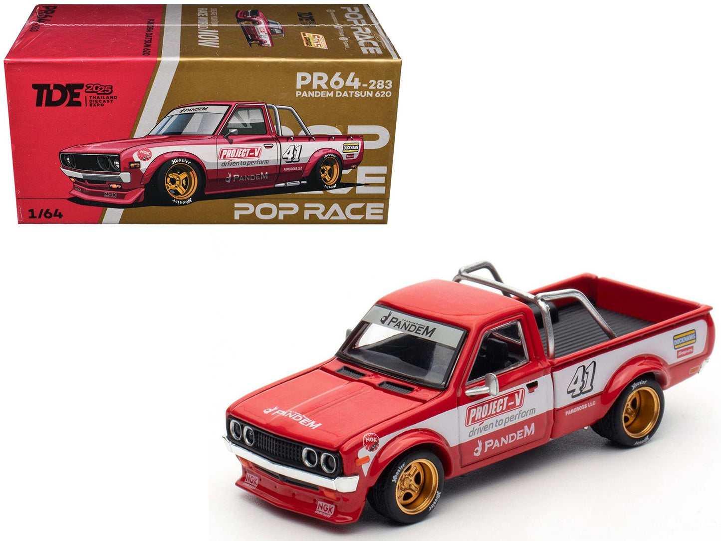 Datsun Pandem 620 Pickup Truck #41 Red Metallic with White Stripes and Graphics "2025 Thailand Diecast Expo" 1/64 Diecast Model Car by Pop Race free shipping USA