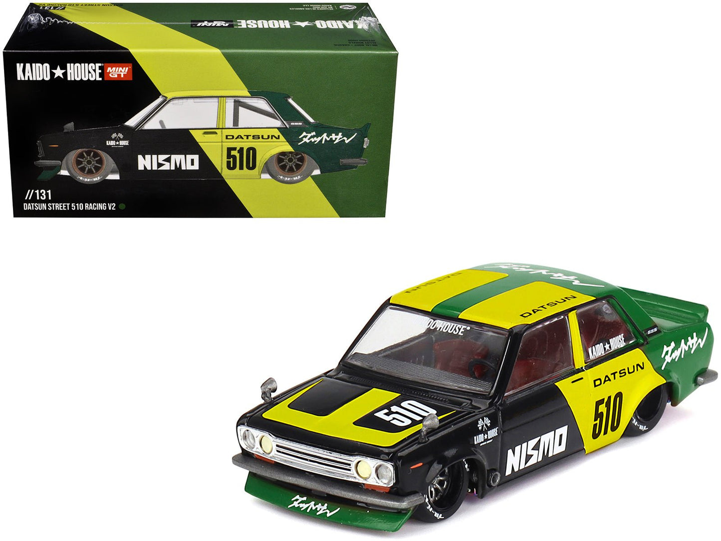 Datsun Street 510 "Racing V2" Black and Green with Yellow Accents (Designed by Jun Imai) "Kaido House" Special 1/64 Diecast Model Car by Mini GT free shipping USA
