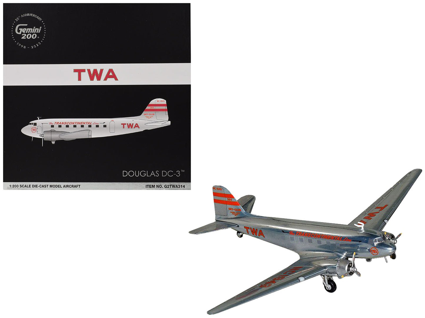 Douglas DC-3 Commercial Aircraft "TWA (Trans World Airlines)" (NC1943) Polished Metal Finish with Red Tail Stripes "Gemini 200" Series 1/200 Diecast Model Airplane by GeminiJets free shipping USA