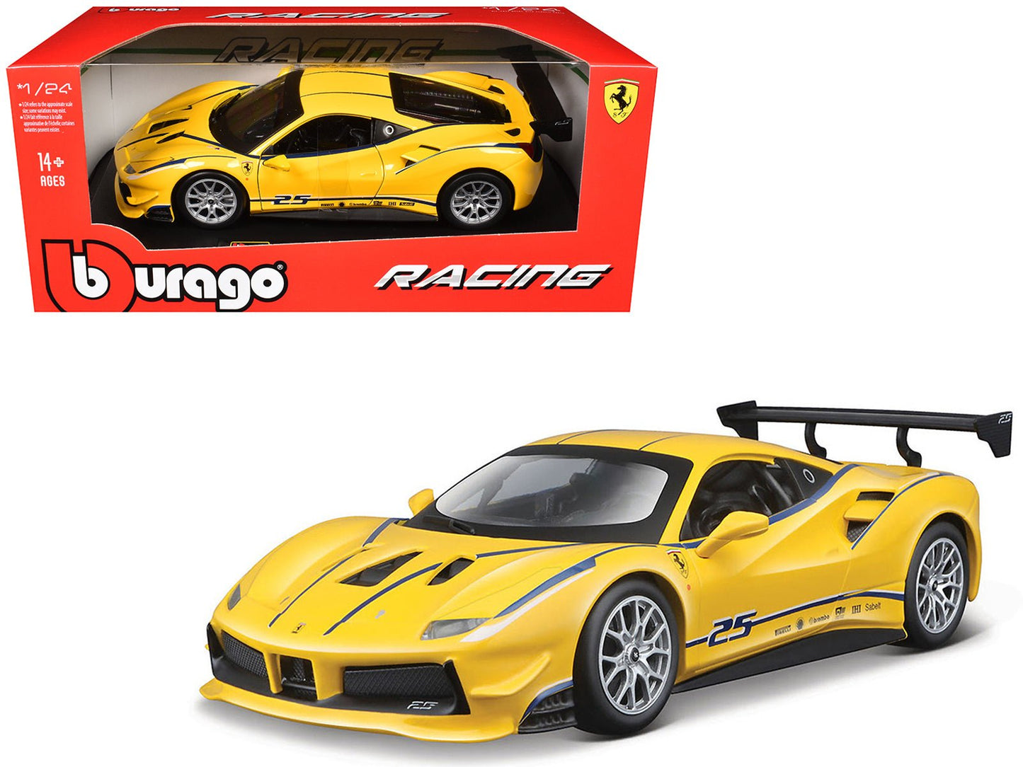 Ferrari 488 Challenge #25 Yellow with Blue Stripes "Ferrari Racing" 1/24 Diecast Model Car by Bburago free shipping USA
