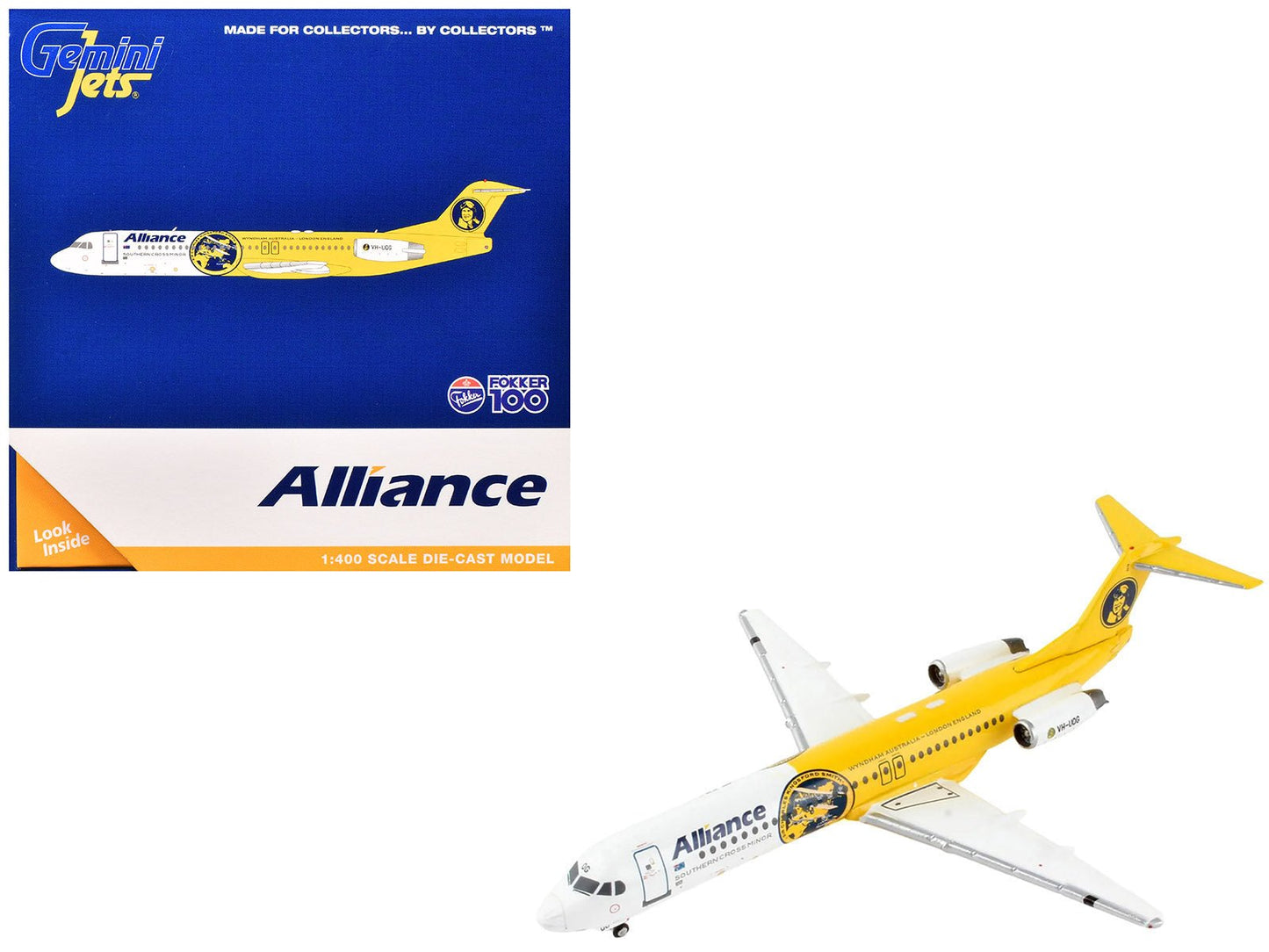 Fokker F100 Commercial Aircraft "Alliance Airlines - Southern Cross Minor" (VH-UQG) White and Yellow 1/400 Diecast Model Airplane by GeminiJets free shipping USA