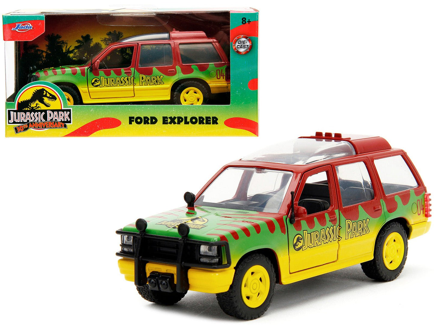 Ford Explorer Red and Yellow with Green Graphics "Jurassic Park" (1993) Movie 30th Anniversary "Hollywood Rides" Series 1/32 Diecast Model Car by Jada free shipping USA