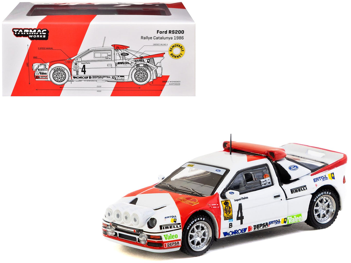 Ford RS200 #4 Antonio Zanini - Josep Autet "Rallye Catalunya" (1986) "Hobby64+" Series 1/64 Diecast Model Car by Tarmac Works free shipping USA