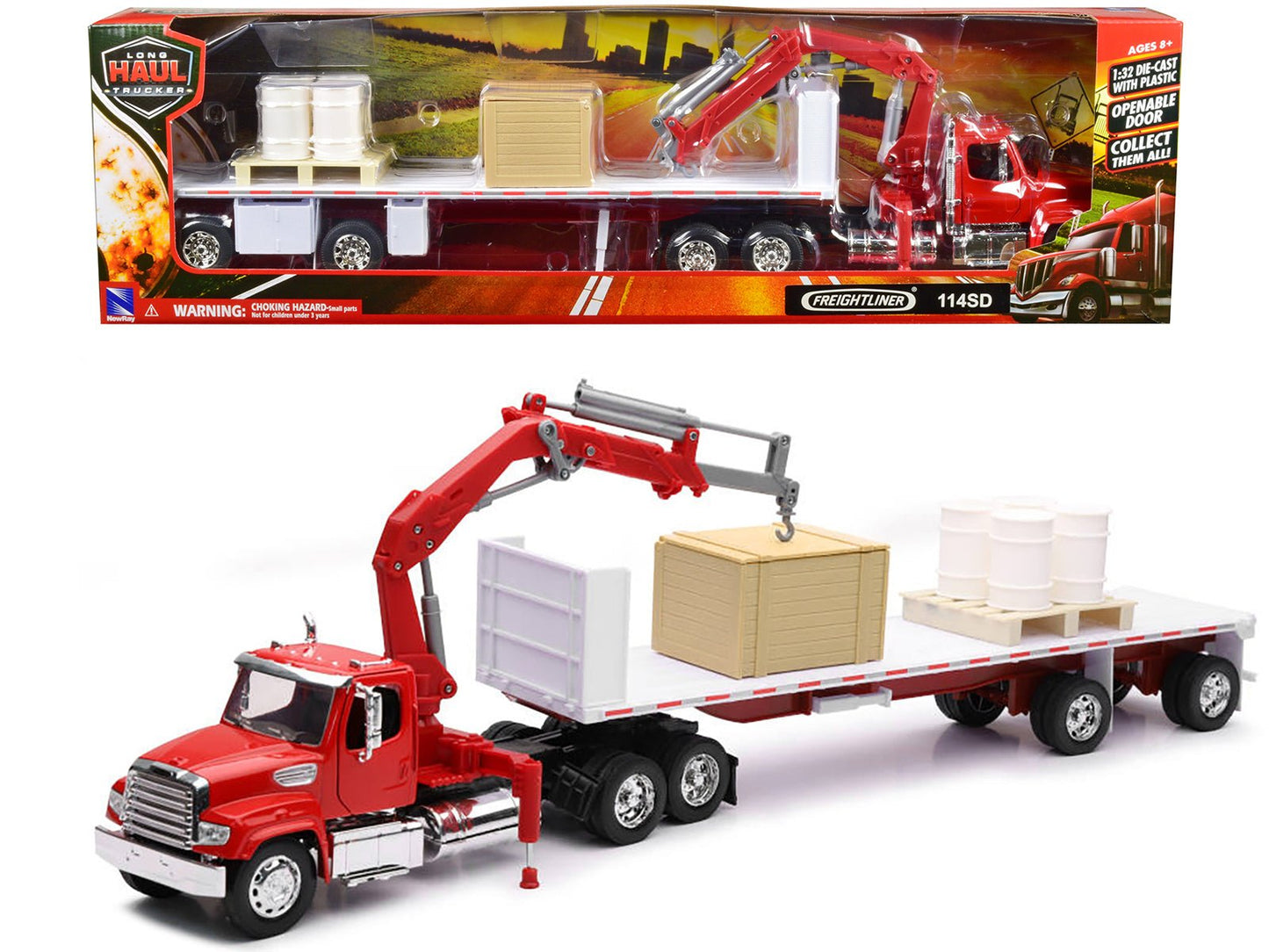 Freightliner 114SD Flatbed Truck with Crane Red with Accessories "Long Haul Trucker" Series 1/32 Diecast Model by New Ray free shipping USA