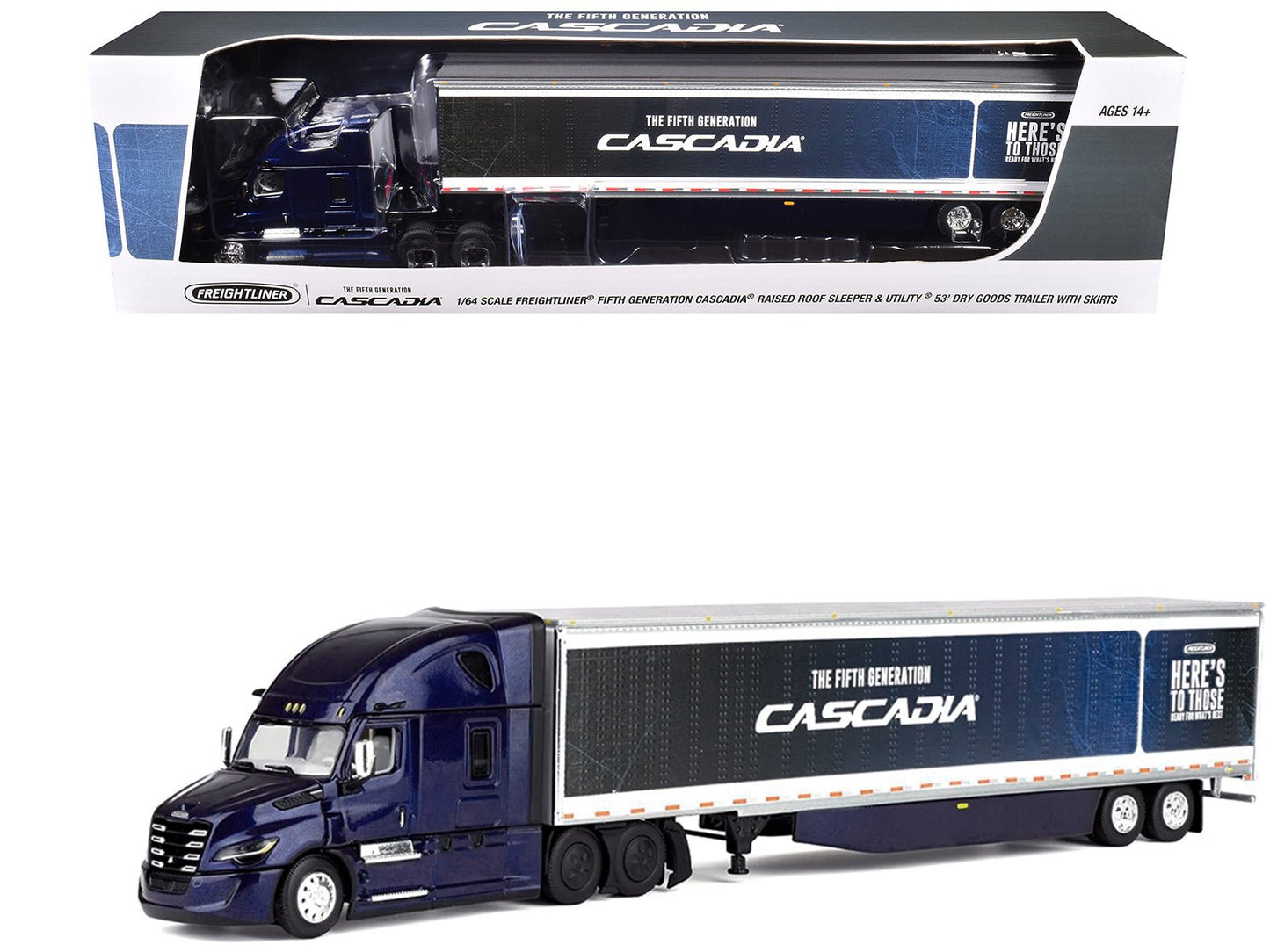 Freightliner Fifth Generation Cascadia Raised Roof Sleeper & 53' Utility Trailer with Skirts Midnight Blue 1/64 Diecast Model by DCP/First Gear free shipping USA