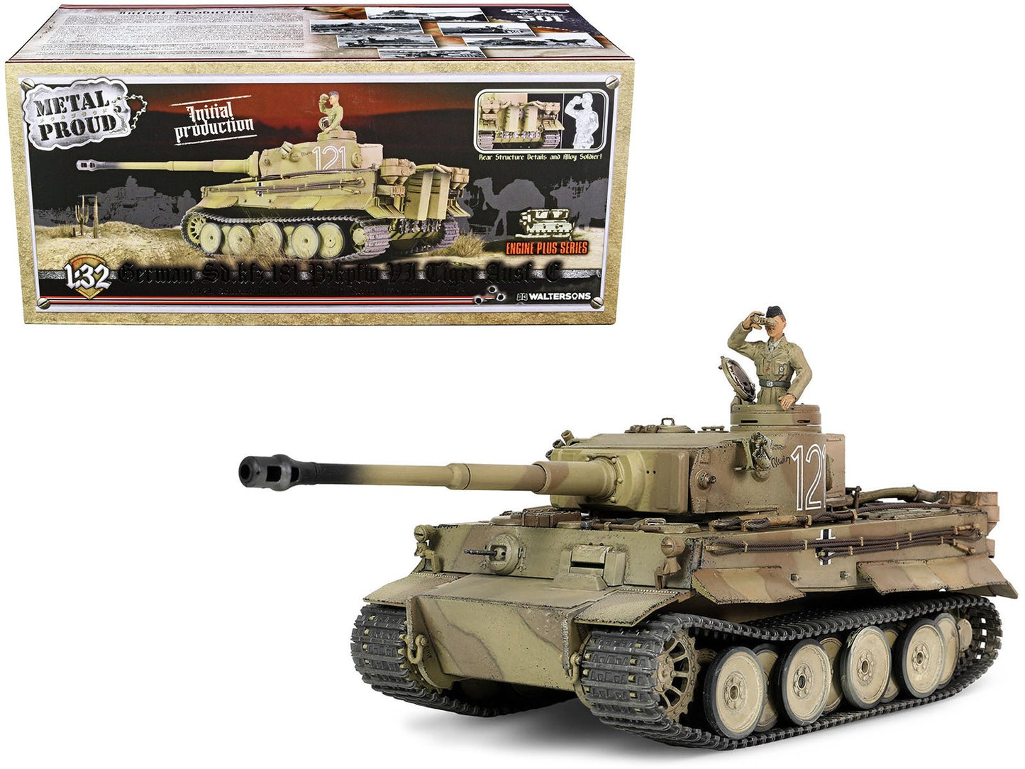 German Sd.Kfz.181 PzKpfw VI Tiger Ausf. E Heavy Tank #121 "Tiger Initial Production Model" "Schwere Panzerabteilung 501 North African Front Tunisia" (1943) "Engine Plus" 1/32 Diecast Model by Metal Proud free shipping USA