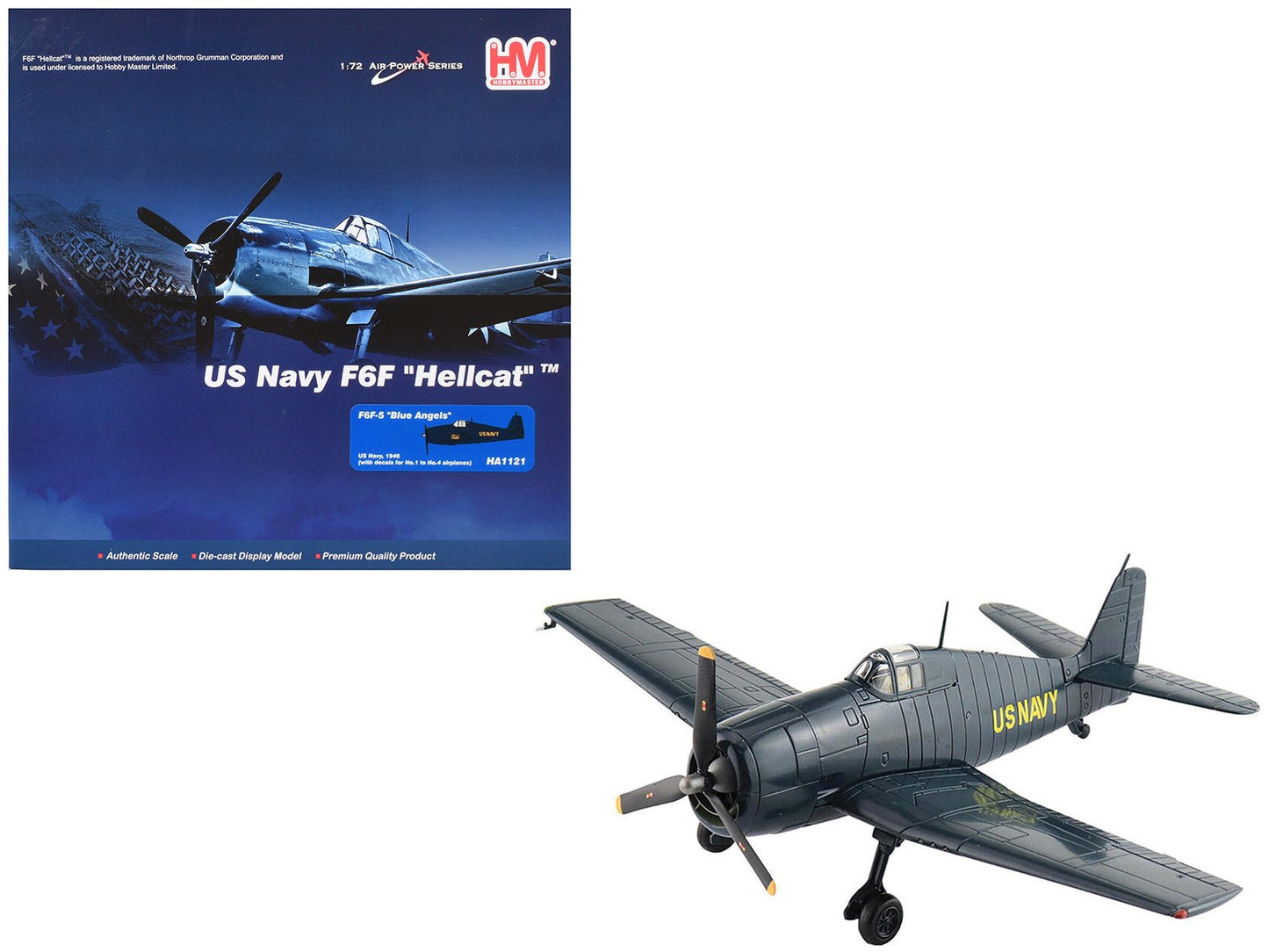 Grumman F6F-5 Hellcat Fighter Aircraft "Blue Angels #1-4 Decals" (1946) United States Navy "Air Power Series" 1/72 Diecast Model by Hobby Master free shipping USA