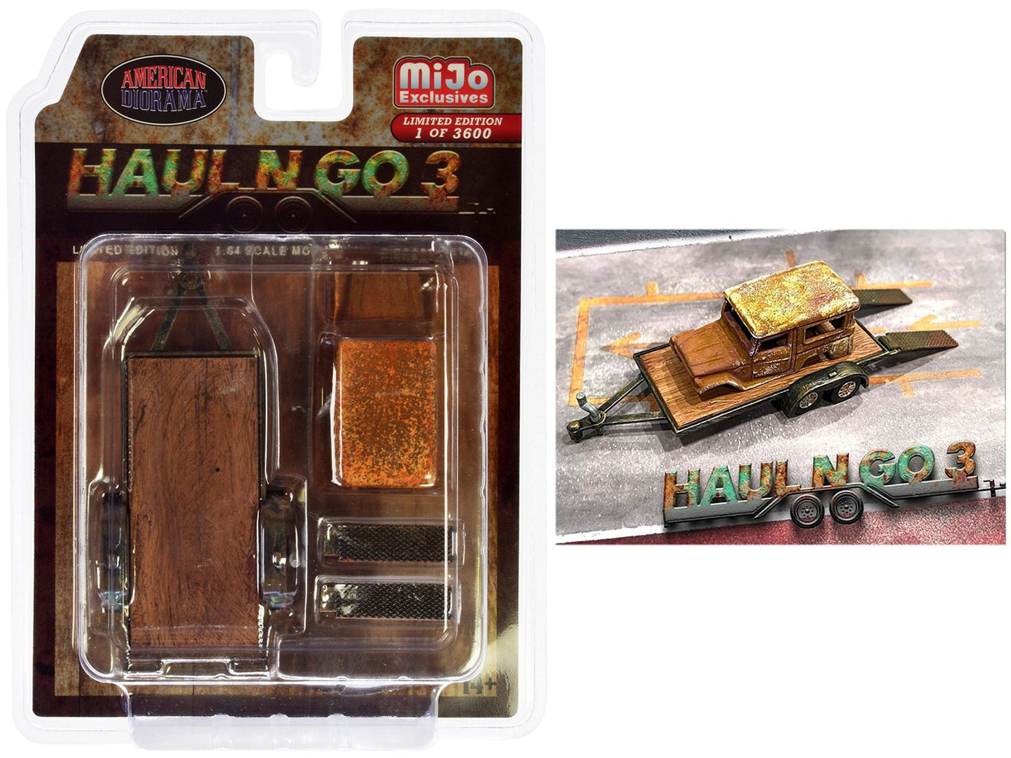 "Haul N Go 3" 4 piece Diecast Model Set (1 Flatbed Trailer 1 Abandoned Car 2 Ramps) Limited Edition to 3600 pieces Worldwide for 1/64 scale models by American Diorama free shipping USA