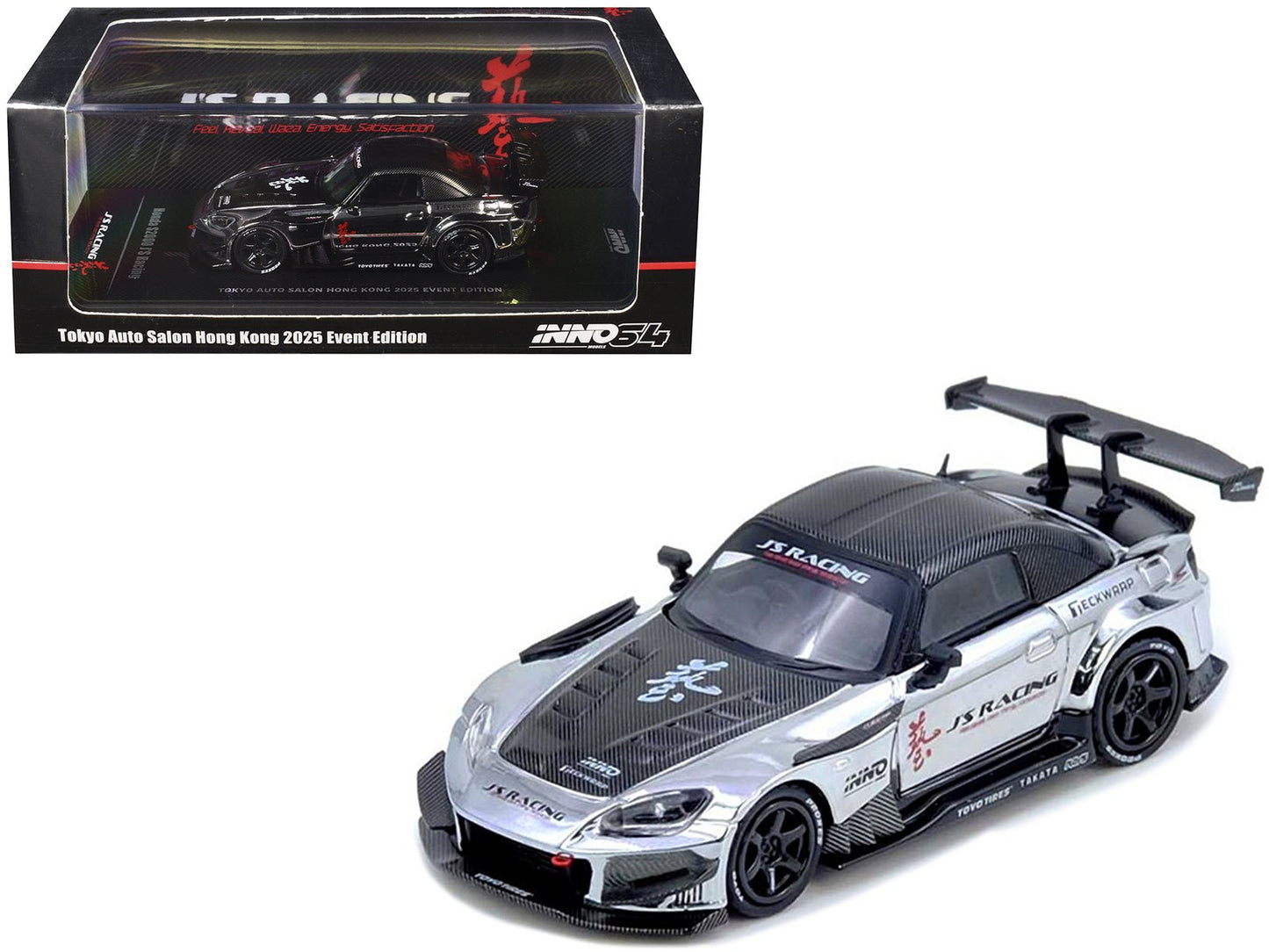 Honda S2000 RHD (Right Hand Drive) "J's Racing" Chrome Silver with Carbon Hood and Top with Graphics "Tokyo Auto Salon Hong Kong 2025 Event Edition" 1/64 Diecast Model Car by Inno Models free shipping USA