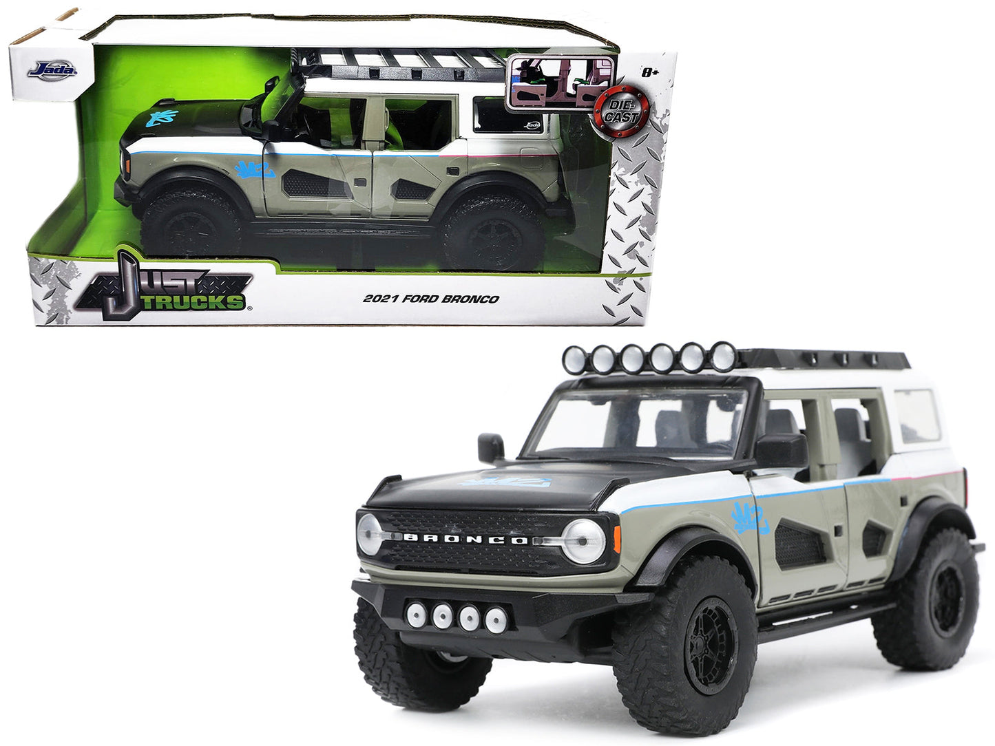 2021 Ford Bronco Gray and White with Matt Black Hood with Roof Rack "M2 Motoring" "Just Trucks" Series 1/24 Diecast Model Car by Jada free shipping USA