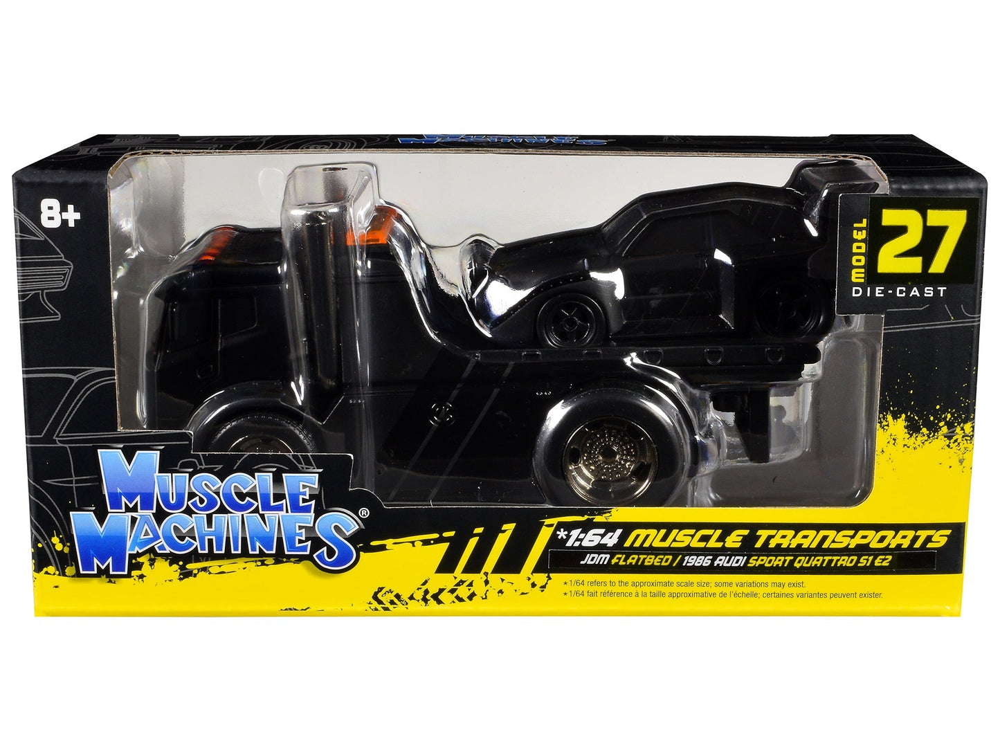 JDM Flatbed Truck Matt Black and 1986 Audi Sport Quattro S1 E2 Matt Black "Muscle Transports" Series 1/64 Diecast Models by Muscle Machines free shipping USA