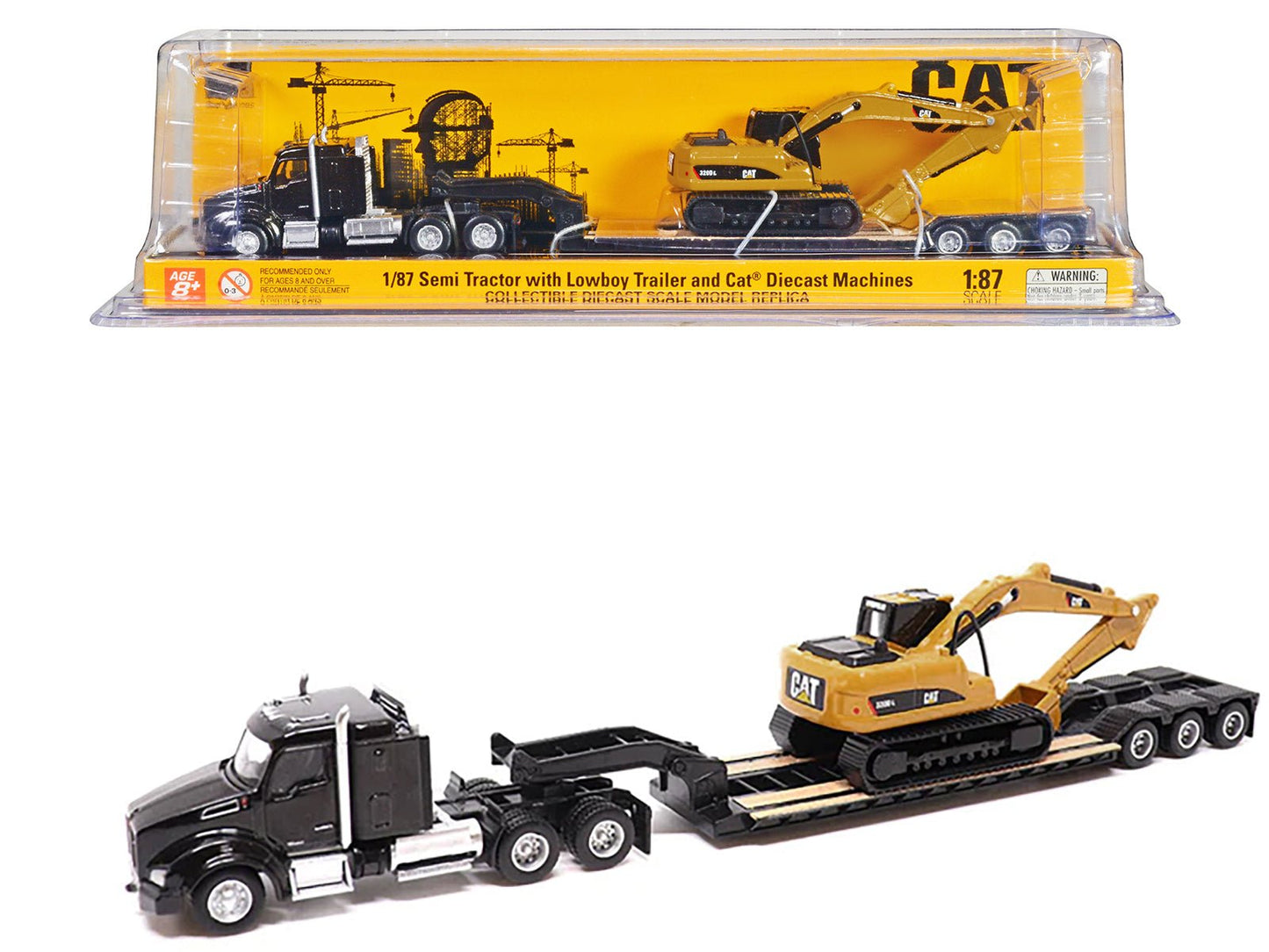 Kenworth T880 SBFS Sleeper Tandem Tractor Black with Lowboy Trailer and CAT 320D L Hydraulic Excavator Yellow 1/87 (HO) Diecast Model by Diecast Masters free shipping USA