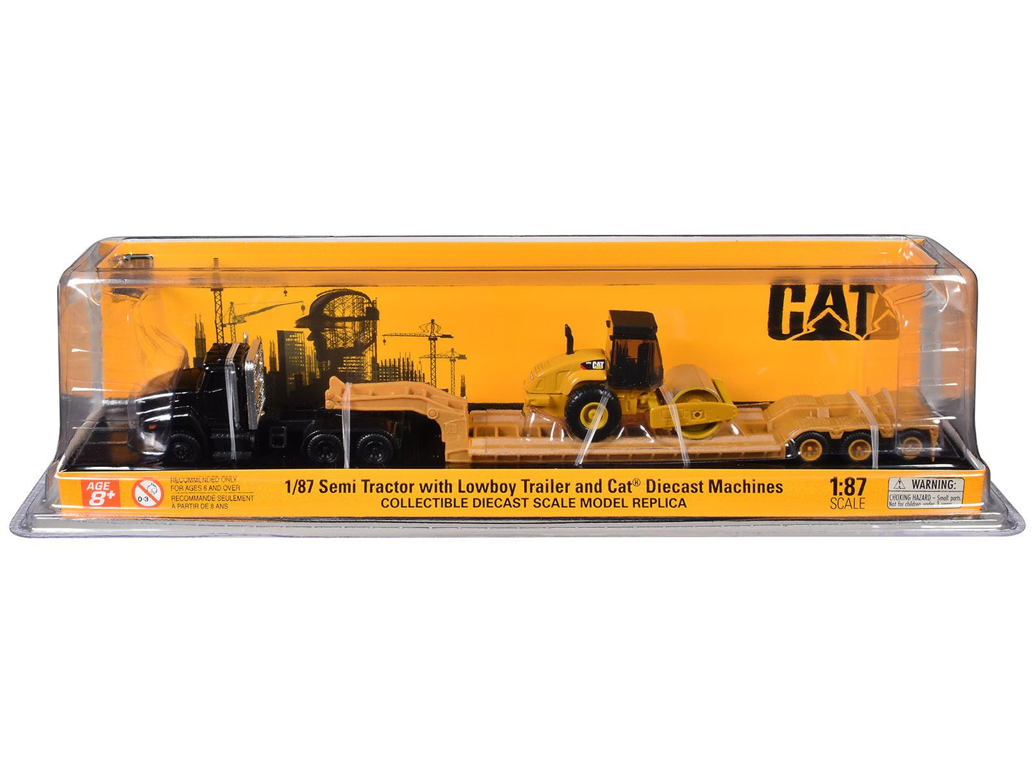 Kenworth T880 Tractor Black with Lowboy Trailer and CAT Roller Yellow 1/87 (HO) Diecast Model by Diecast Masters free shipping USA