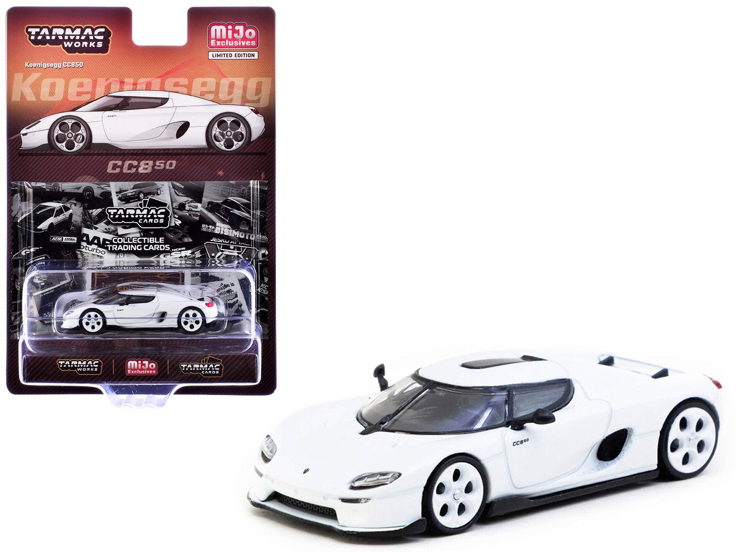 Koenigsegg CC850 White with Tarmac Cards "Global64" Series 1/64 Diecast Model by Tarmac Works free shipping USA