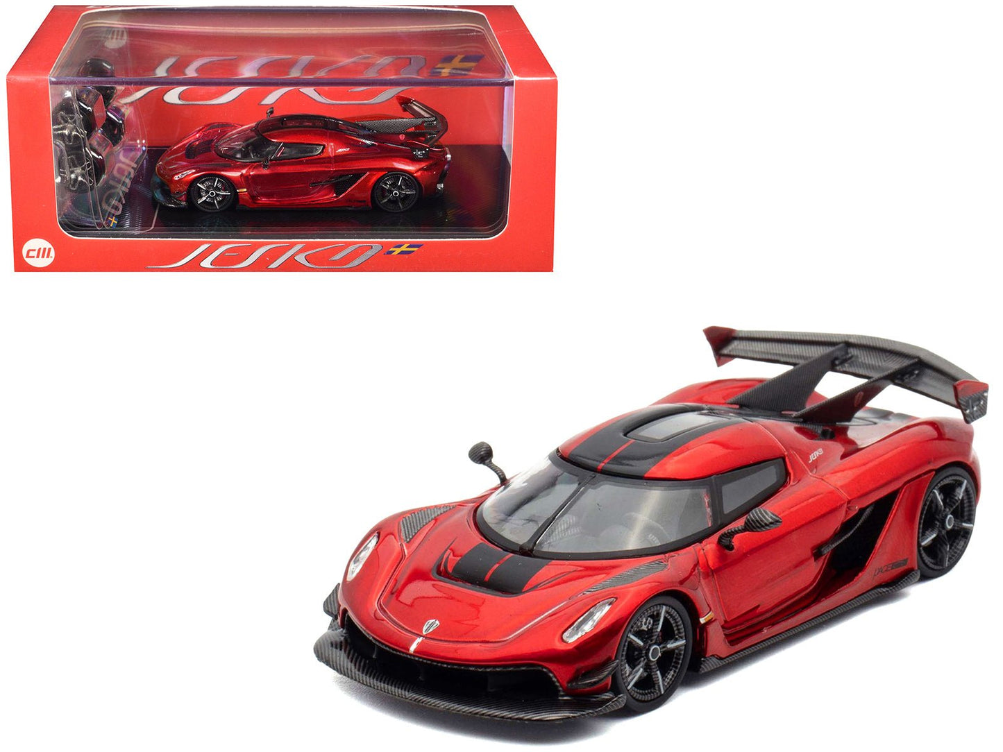 Koenigsegg Jesko Red Metallic with Black Stripes with Extra Wheels 1/64 Diecast Model Car by CM Model free shipping USA