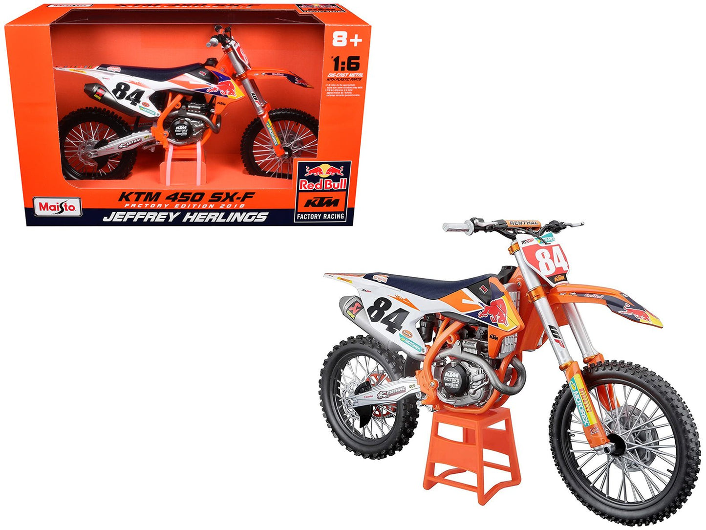 KTM 450 SX-F #84 Jeffrey Herlings "Red Bull KTM Factory Racing" (2018) 1/6 Diecast Motorcycle Model by Maisto free shipping USA