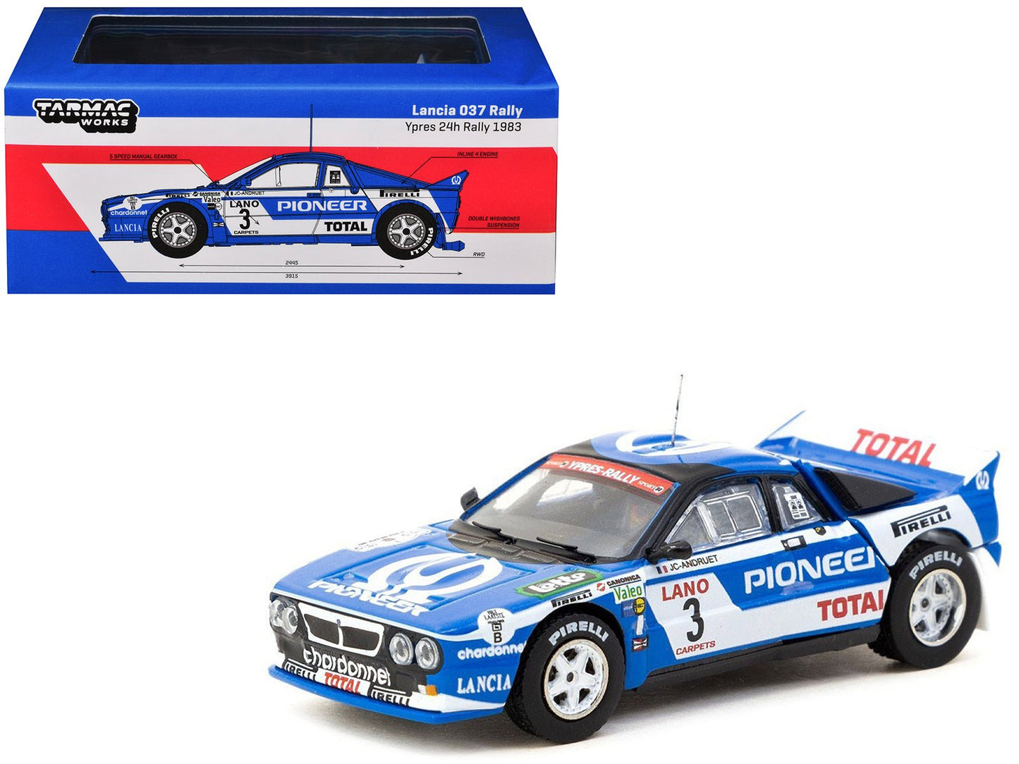 Lancia 037 Rally #3 Jean-Claude Andruet - Francoise Sappey 2nd Place "Ypres 24 Hours Rally" (1983) "Hobby64+" Series 1/64 Diecast Model Car by Tarmac Works free shipping USA