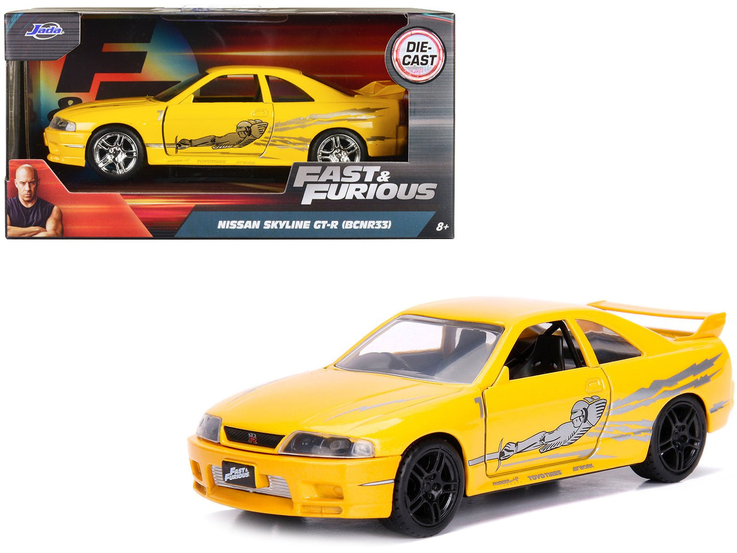 Leon's Nissan Skyline GT-R (BCNR33) Yellow Metallic with Graphics "Fast & Furious" Series 1/32 Diecast Model Car by Jada free shipping USA